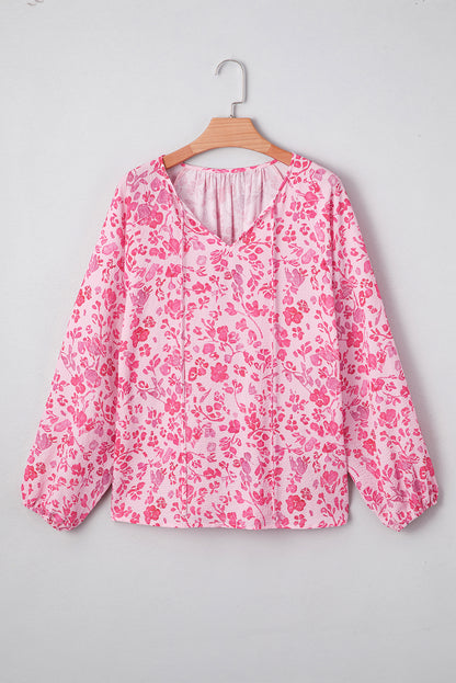 Pink Floral Puff Sleeve Split Neck Lightweight Blouse