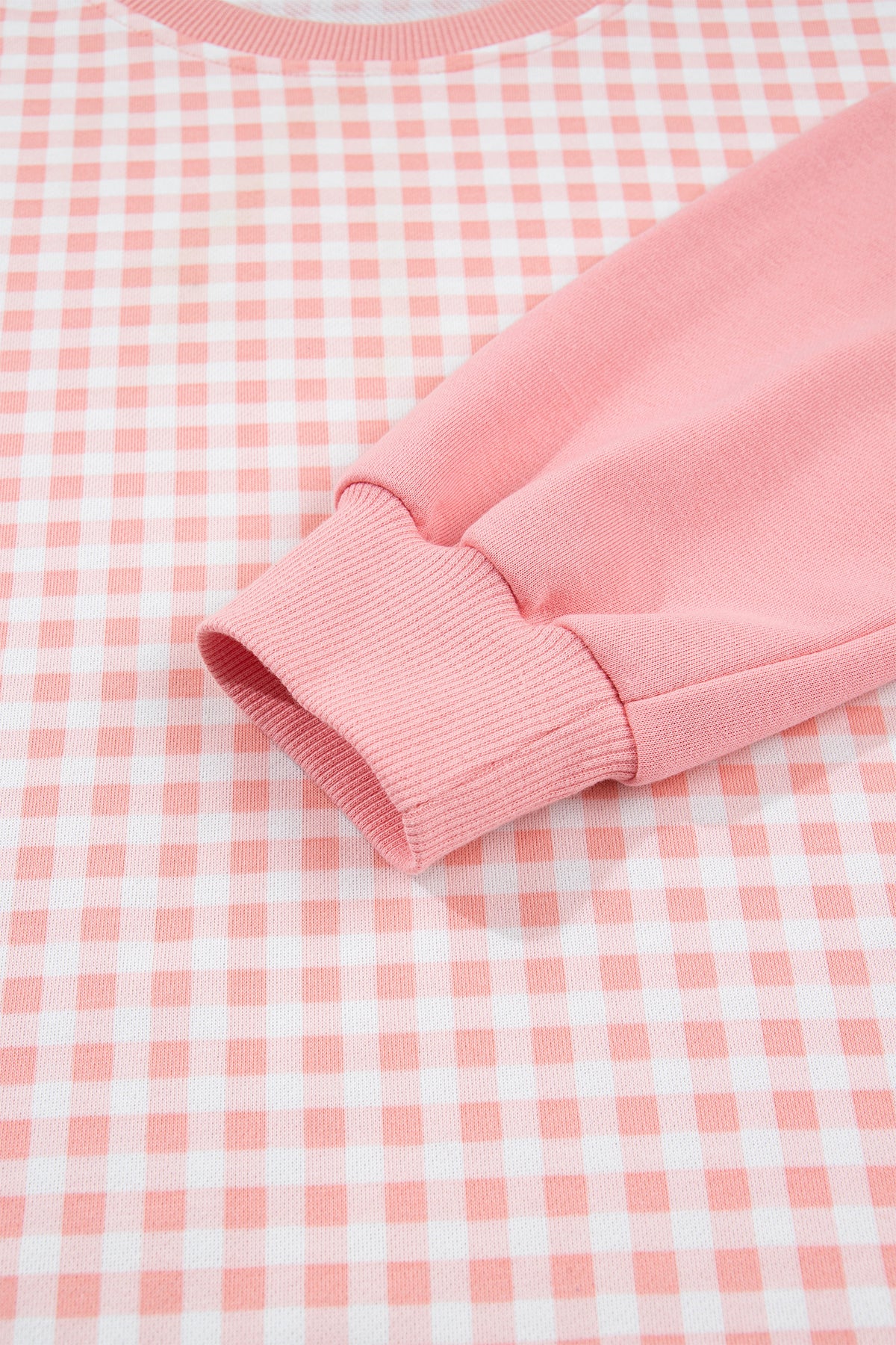 Pink Color Block Plaid Patchwork Long Sleeve Pullover Wide Leg Pant Set