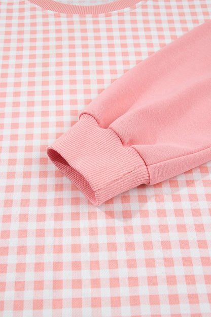 Pink Color Block Plaid Patchwork Long Sleeve Pullover Wide Leg Pant Set