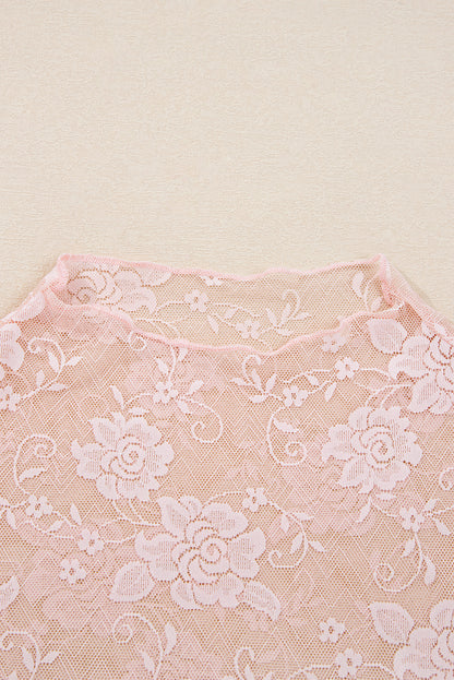 Apricot Pink Sheer Floral Lace Mesh Mock Neck Long Sleeve Top