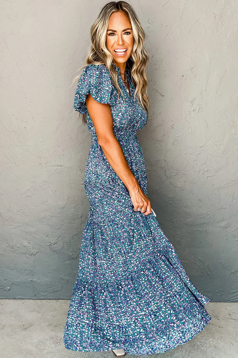 Blue Printed V Neck Shirred Short Puff Sleeve Maxi Dress - Chic Meadow Boutique 