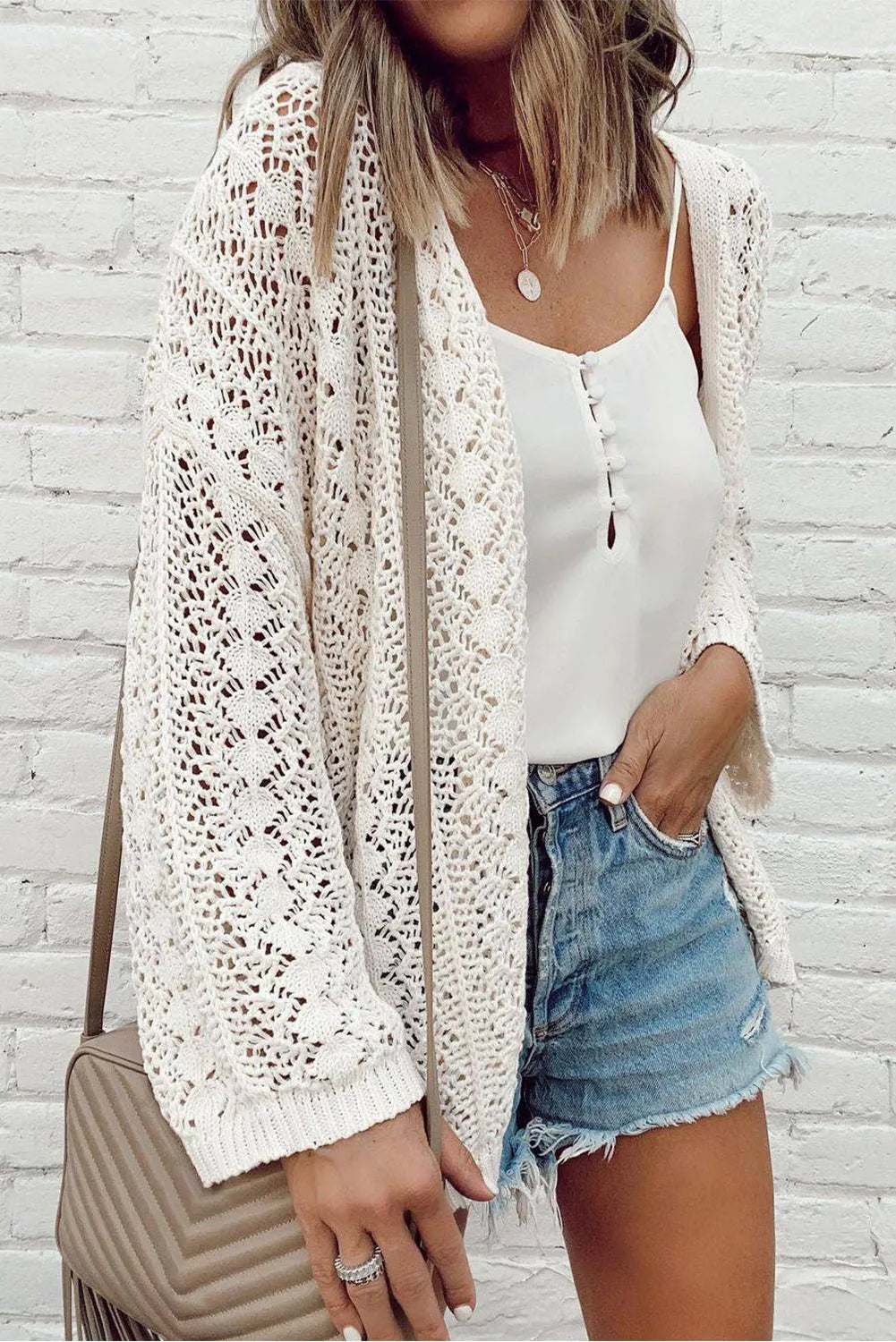 White Stylish Hollow Out Knit Drop Shoulder Cardigan - Chic Meadow Boutique 