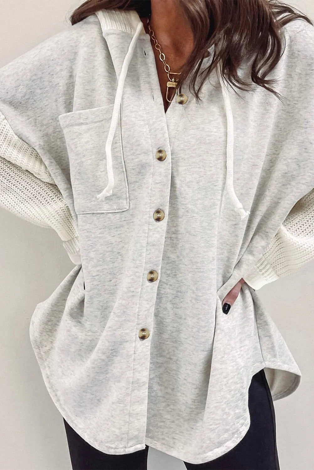 Gray Button Up Contrast Knitted Sleeves Hooded Jacket - Chic Meadow Boutique 