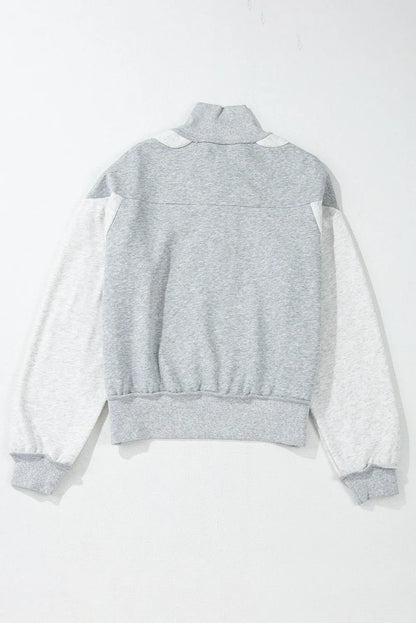 Gray Half Zipper Collared Drop Shoulder Side Slits Sweatshirt