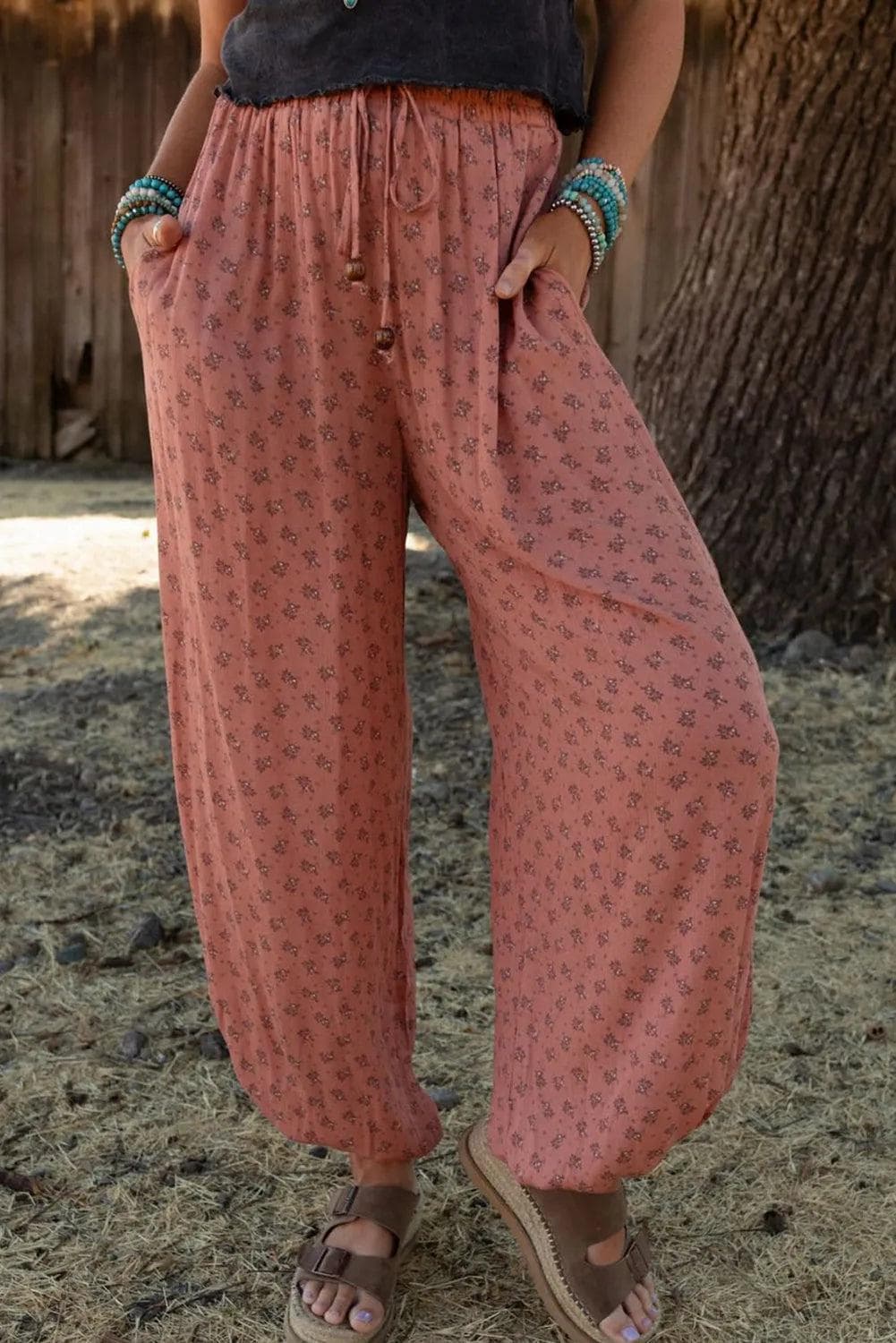 Bottoms/Pants & Culotte Pink Boho Floral Printed Wide Leg Jogger Pants