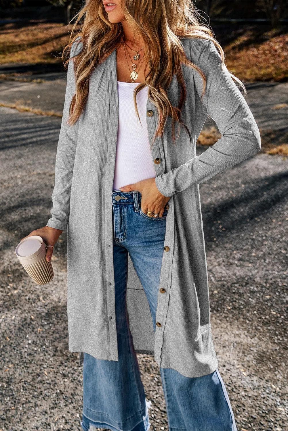 Tops/Sweaters & Cardigans Gray / S / 65%Polyester+30%Viscose+5%Elastane Gray Ribbed Button-Up Split Duster Cardigan