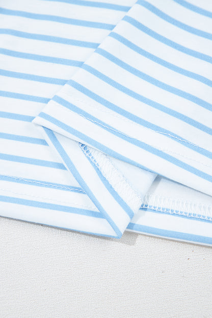 Sky Blue Stripe Floral Three Quarter Sleeves Patchwork Drop Shoulder Top