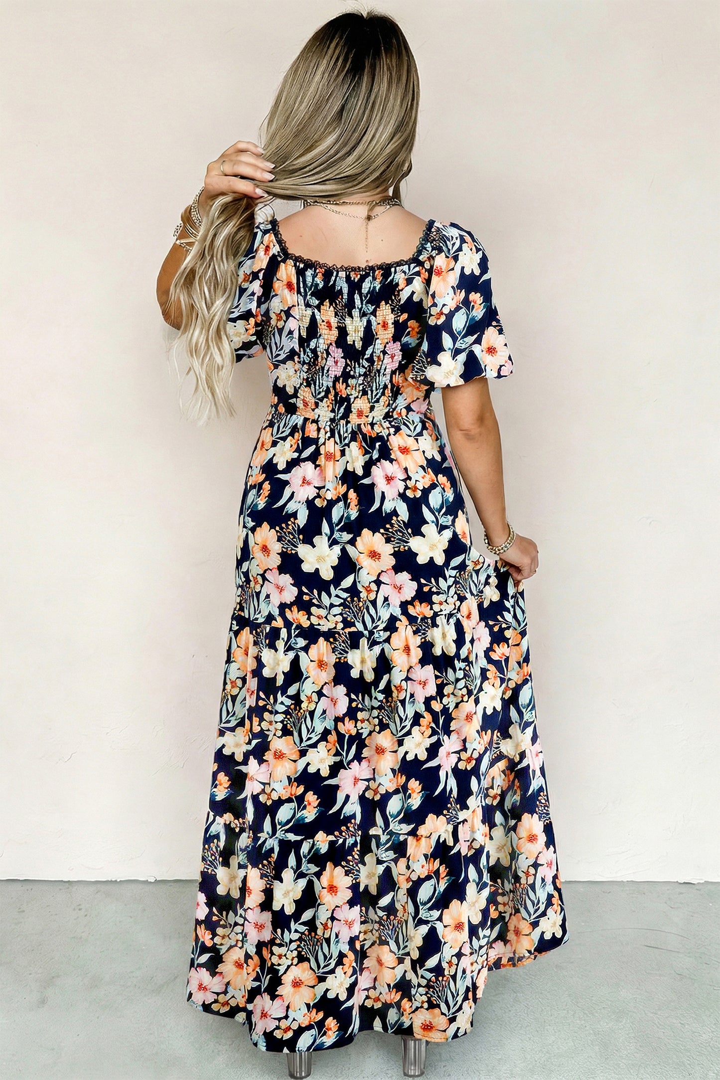 Blue Short Sleeve Smocked Detail High Waist Floral Maxi Dress