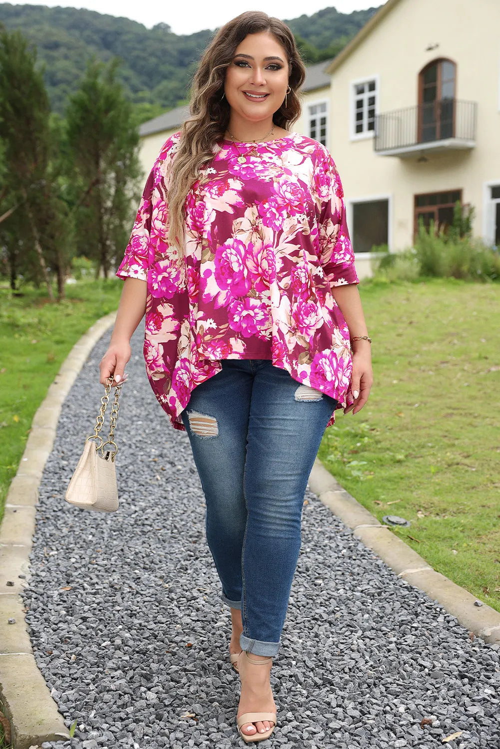 Red Floral Print Short Sleeve Plus Size Blouse - Chic Meadow Boutique 