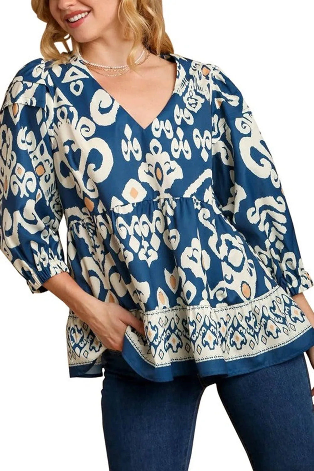 Blue Tribal Geometric Print 3/4 Sleeve Flowy Fit Blouse - Chic Meadow Boutique 