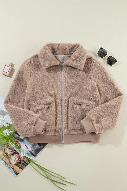 Outerwear/Jackets Light French Beige Zipper Pocketed Winter Fuzzy Jacket