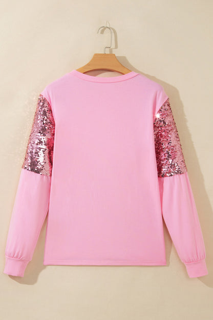Pink Long Sleeve Sequin Round Neck Pullover Top