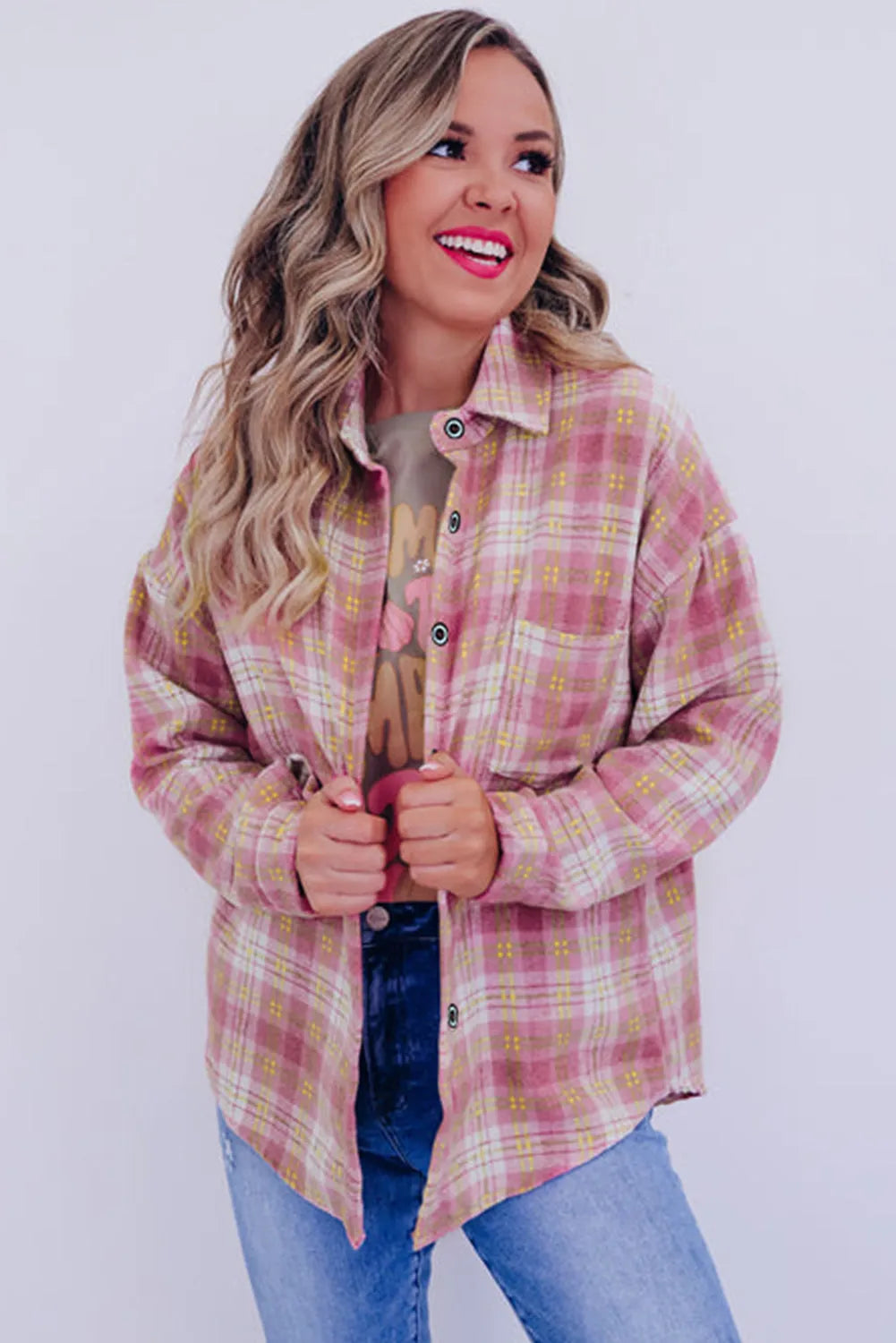 Pink Plaid Print Chest Pocket Long Sleeve Shacket - Chic Meadow Boutique 