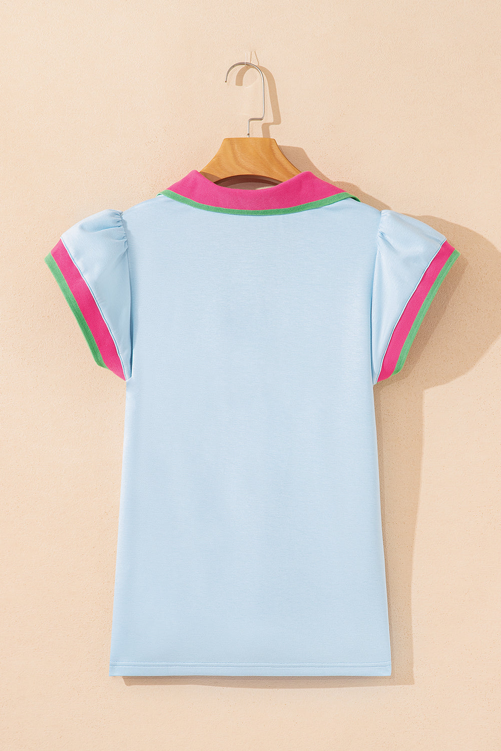 Beau Blue Color Contrast Ruffled Sleeve Collared V Neck Blouse