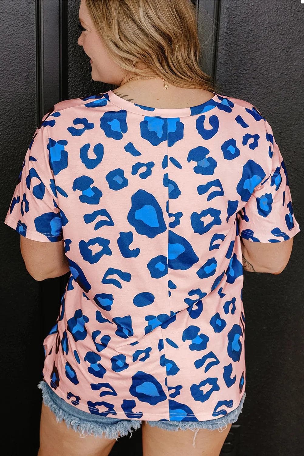 Plus Size/Plus Size Tops/Plus Size Tops & Tees Pink Leopard Print V Neck Plus Size Tee