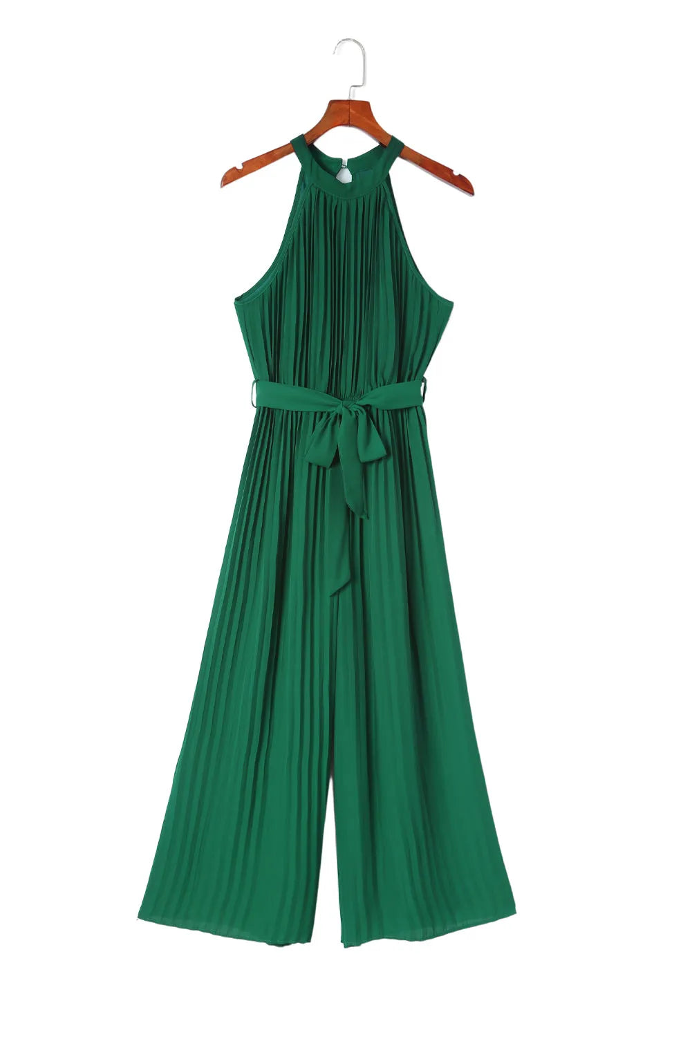 Green Halter Neck Pleated Wide Leg Jumpsuit with Belt - Chic Meadow Boutique 