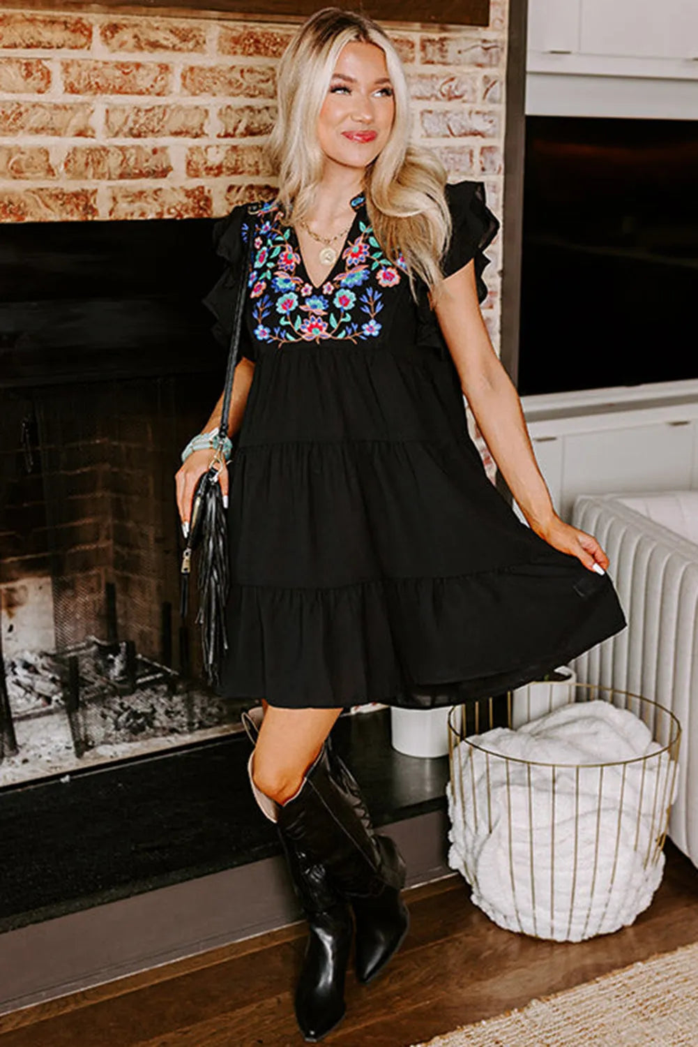 Black Floral Embroidered Tiered Ruffled Mini Dress - Chic Meadow Boutique 