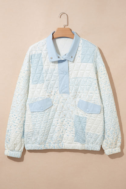 Multicolour Floral Quilted Half Button Pocketed Pullover Sweatshirt
