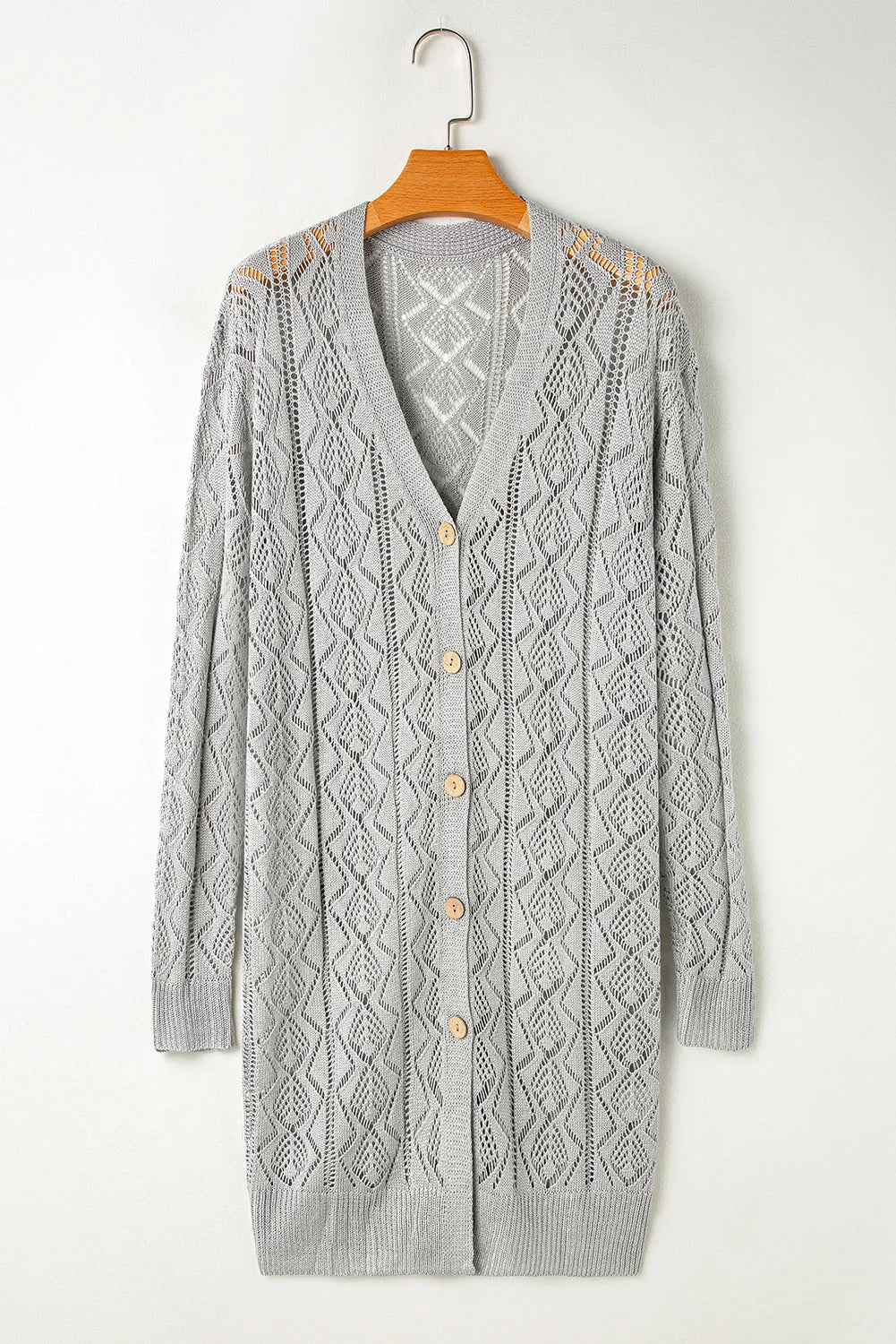 Gray Hollow Out Buttons Front Long Cardigan - Chic Meadow Boutique 