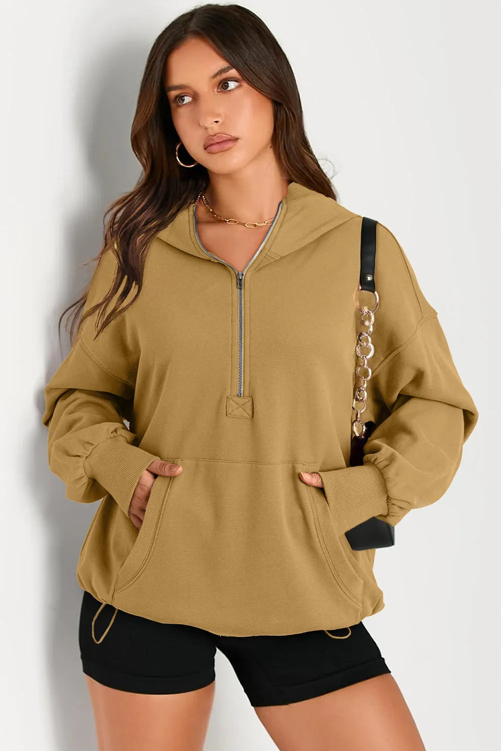 Brown Solid Kangaroo Pocket Half Zipper Oversized Hoodie - Chic Meadow Boutique 