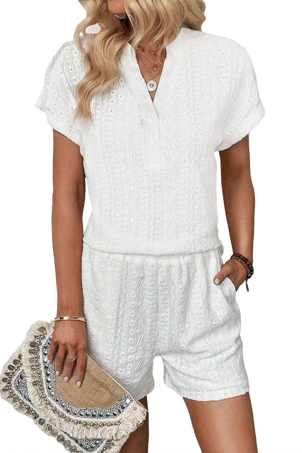 White Eyelet Patterned Textured Shorts Set - Chic Meadow Boutique 