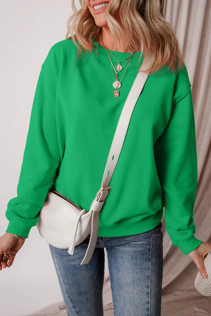 Dark Green Solid Fleece Lined Drop Shoulder Terry Sweatshirt - Chic Meadow Boutique 