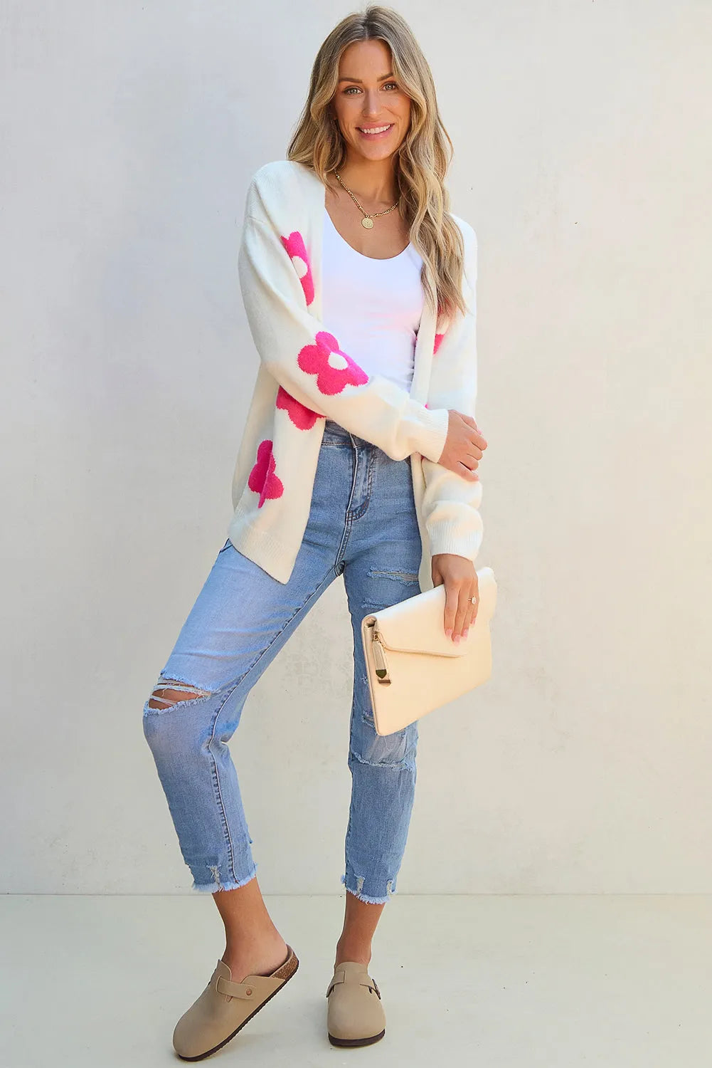 Rose Red Flower Pattern Open Front Cardigan - Chic Meadow Boutique 