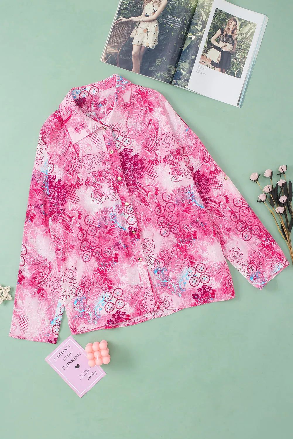 Rose Baroque Floral Roll-tab Sleeve Shirt - Chic Meadow Boutique 