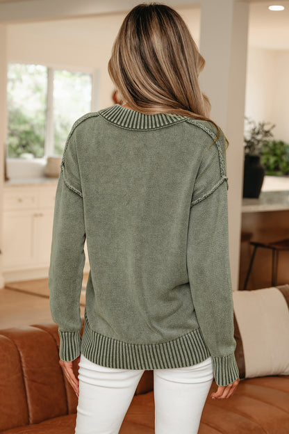 Four Leaf Clover Mineral Wash V Neck Knit Exposed Seam Drop Shoulder Loose Sweater