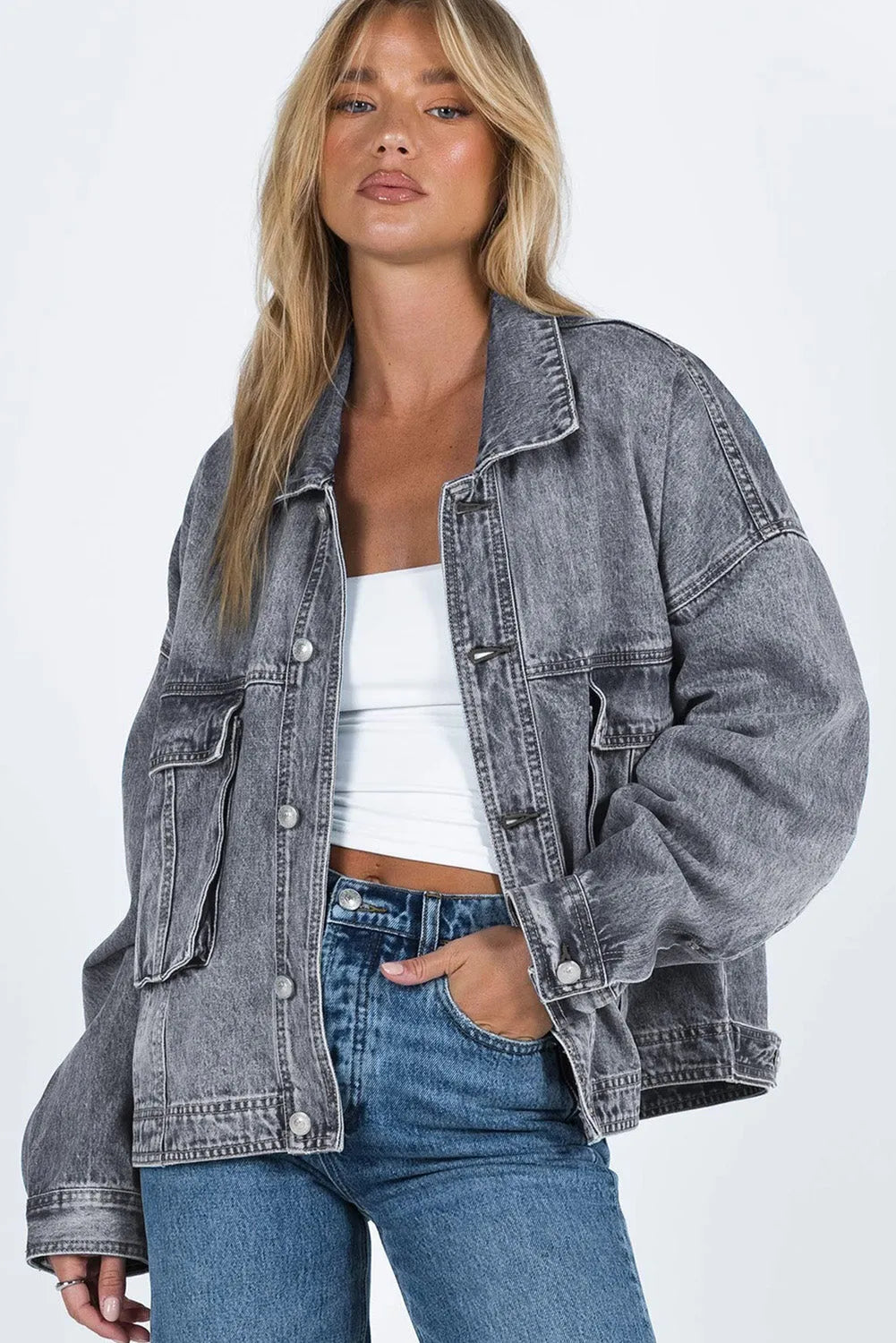 Gray Chest Pockets Drop Shoulder Loose Denim Jacket - Chic Meadow Boutique 