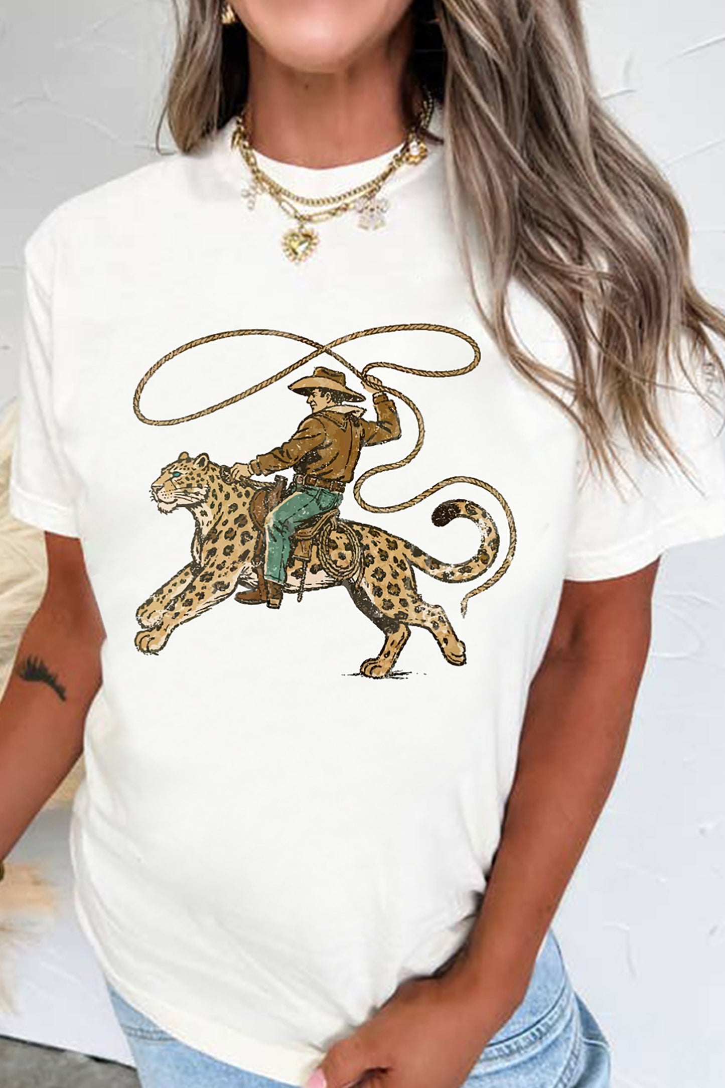 White Leopard Rodeo Cowboy Graphic Casual Tee