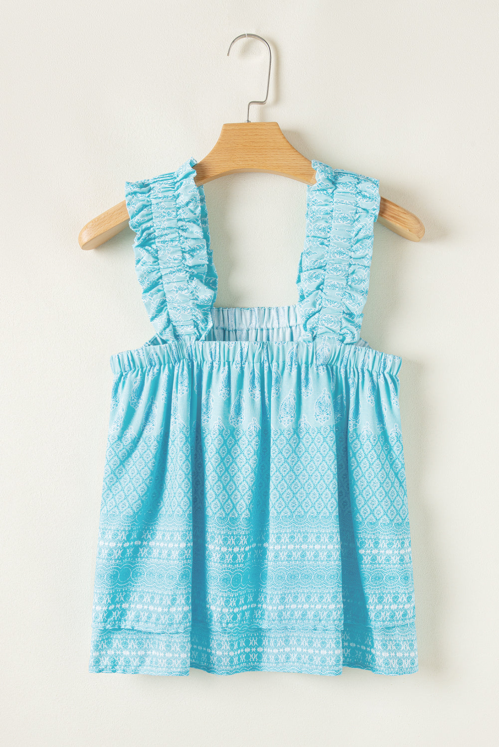 Sky Blue Tribal Pattern Print Ruffled Wide Straps Loose Tank Top