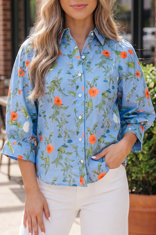 Sky Blue Floral Print Bracelet Sleeve Button Down Casual Shirt