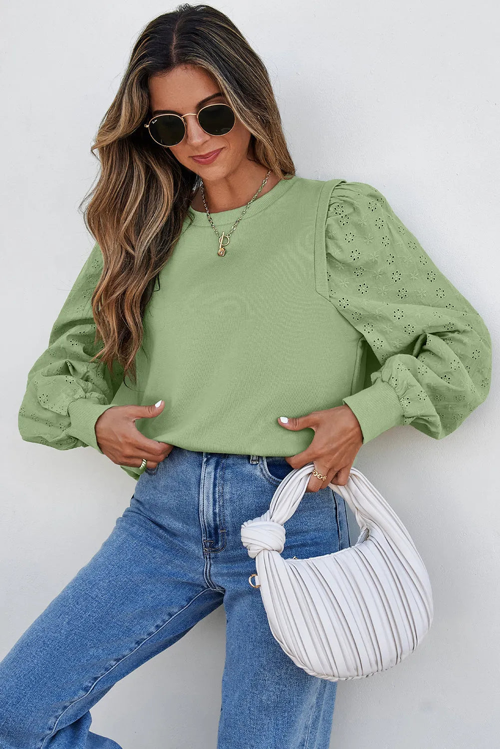 Mist Green Solid Patchwork Sleeve Round Neck Sweatshirt - Chic Meadow Boutique 