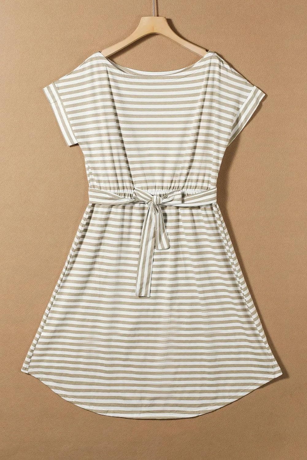 Dresses/T Shirt Dresses Khaki Stripe Short Sleeve Belted Wrapped Hemline T-Shirt Dress