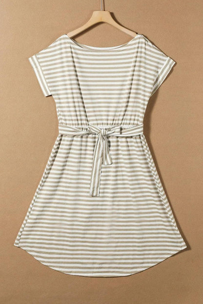 Dresses/T Shirt Dresses Khaki Stripe Short Sleeve Belted Wrapped Hemline T-Shirt Dress