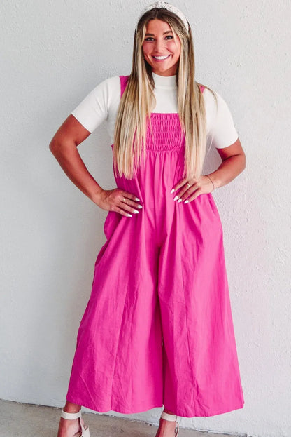 Strawberry Pink Wide Straps Smocked Detail Wide Leg Overalls - Chic Meadow Boutique 