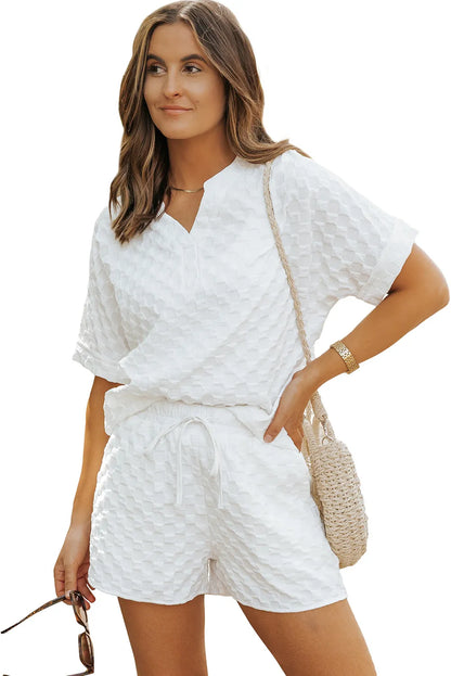 White Textured Split Neck Top and Drawstring Shorts Set - Chic Meadow Boutique 