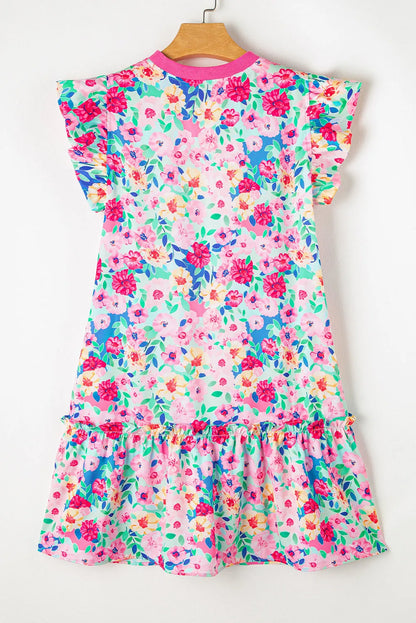 Multicolour Floral Print Flutter Sleeve Ruffled Mini Dress - Chic Meadow Boutique 