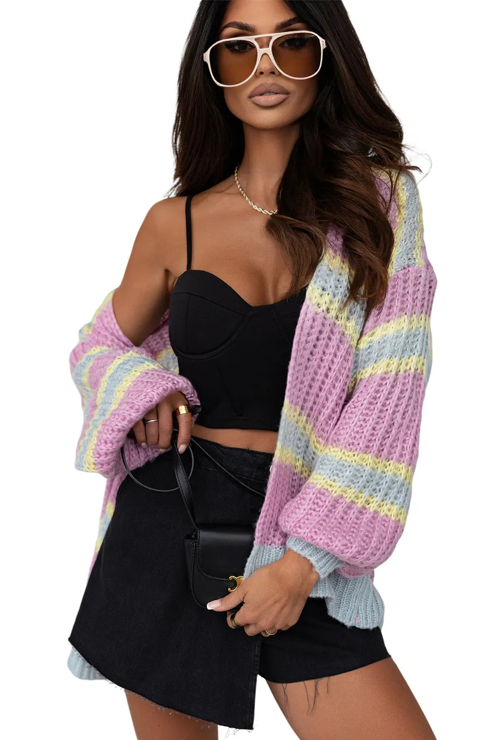 Pink Contrast Striped Open Front Cable Cardigan - Chic Meadow Boutique 