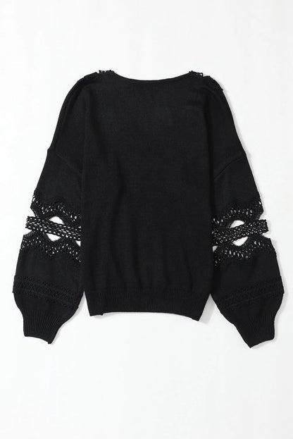 Black Hollowed Lace Splicing V Neck Loose Sweater - Chic Meadow Boutique 