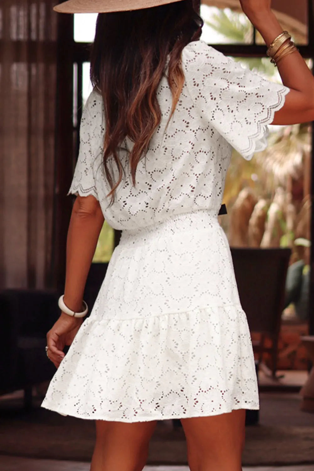 Beige Scalloped Floral Lace Crochet Short Sleeve Mini Dress - Chic Meadow Boutique 