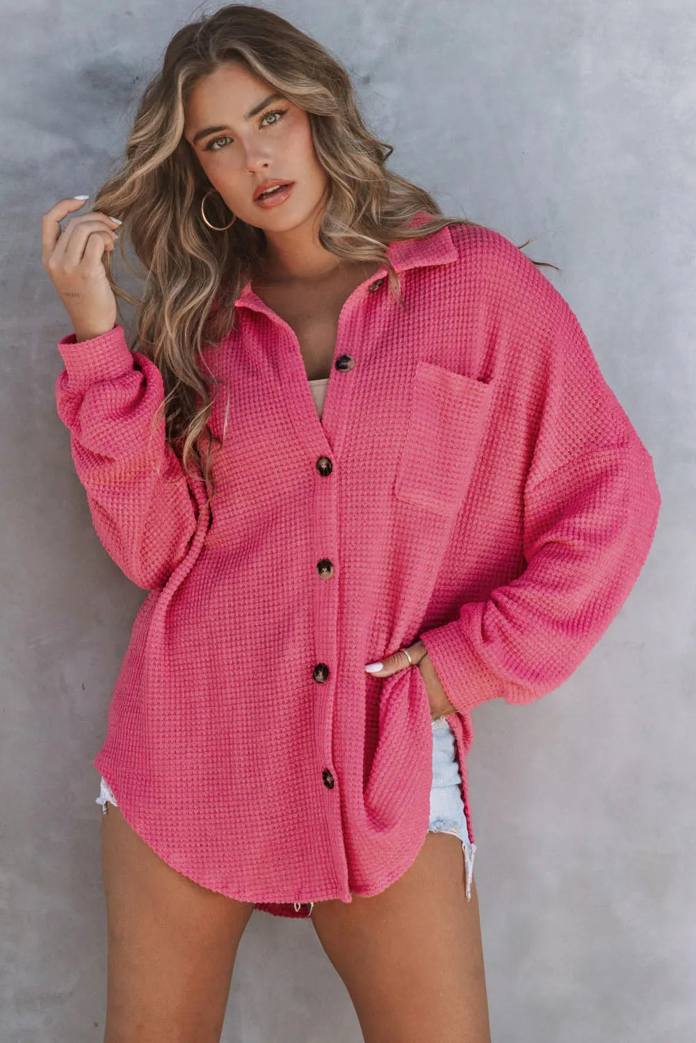 Pink Waffle Knit Button Up Casual Shirt - Chic Meadow Boutique 