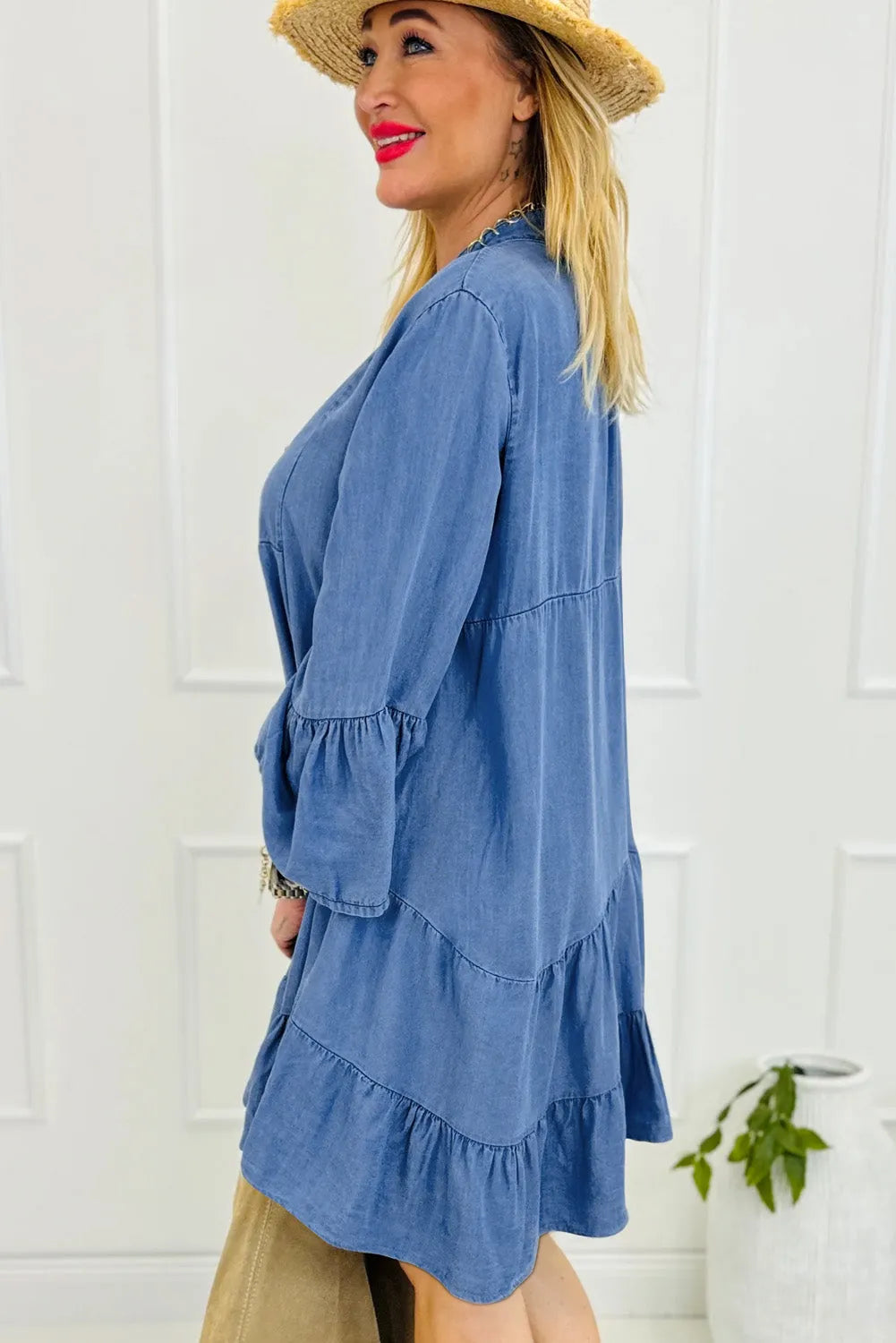 Sky Blue Chambray Ruffled 3/4 Sleeve Tiered Split V Neck Mini Dress - Chic Meadow Boutique 