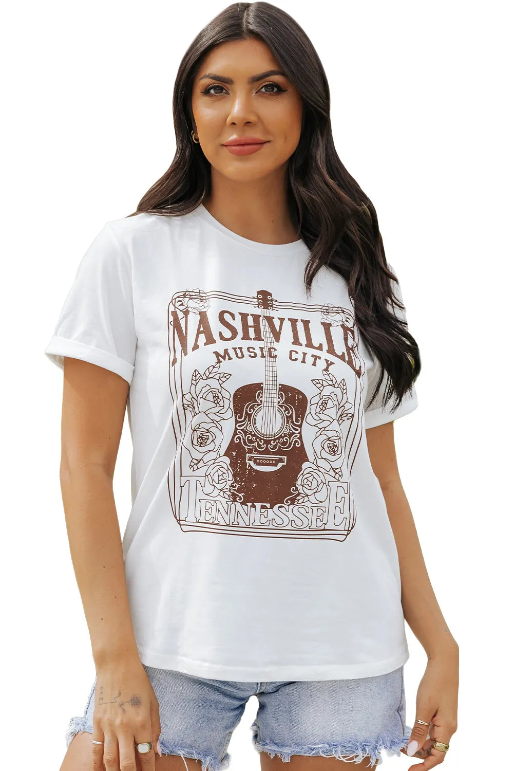 White NASHVILLE MUSIC CITY Graphic Crew Neck Tee - Chic Meadow Boutique 