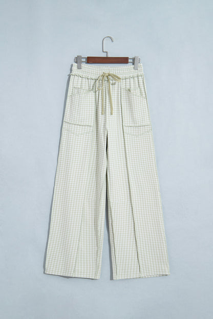 Green Plaid Contrast Trim Drawstring Elastic Waist Shift Pants