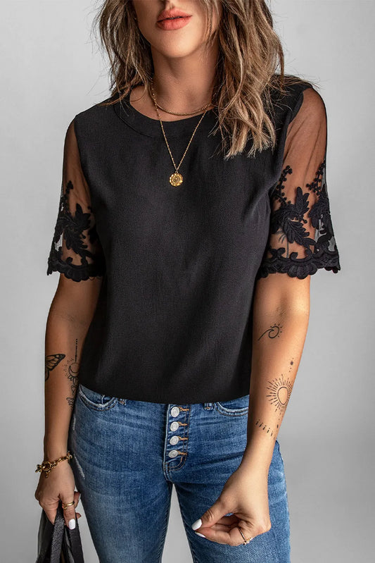 Black Floral Lace Sleeve Patchwork Top - Chic Meadow Boutique 