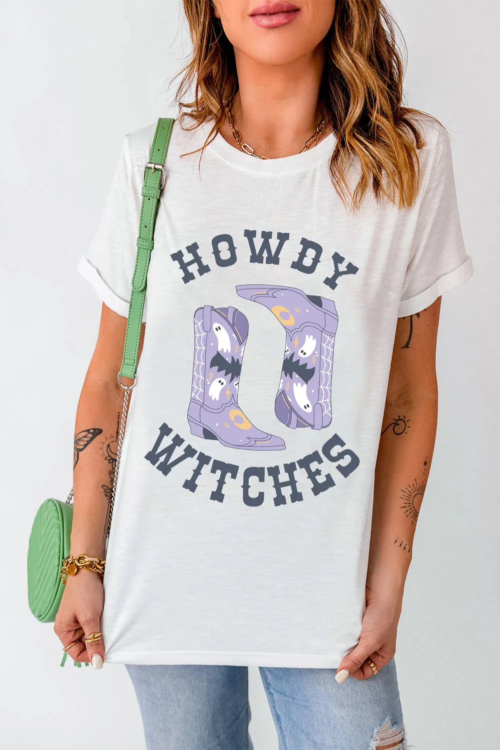 White HOWDY WITCHES Halloween Boots Crewneck T Shirt - Chic Meadow Boutique 