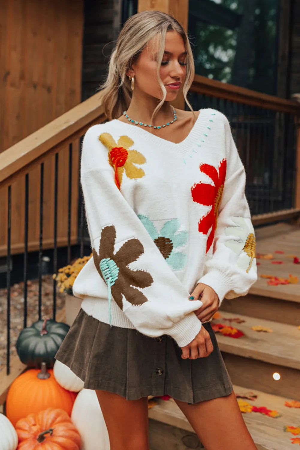 White Big Flower Pattern V Neck Drop Shoulder Sweater - Chic Meadow Boutique 