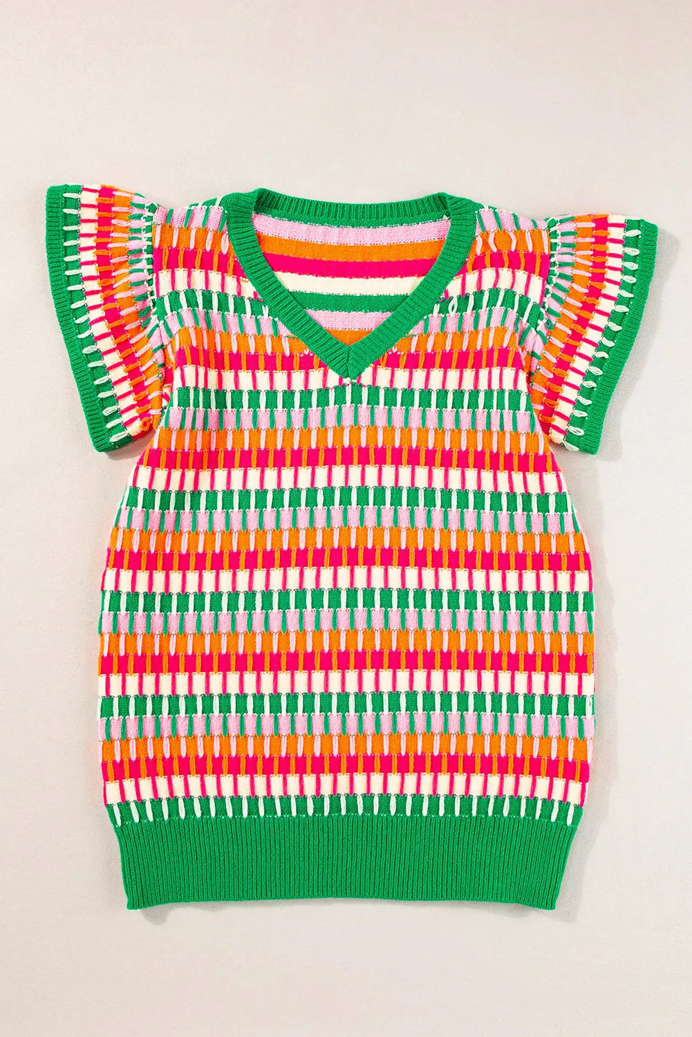 Tops/Short Sleeve Sweaters Green Multicolor Flutter Sleeve Knitted Sweater Top